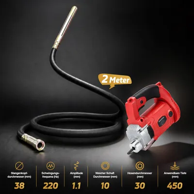 Produktbild von Betonrüttler | 2800W | 2M Schlauchlänge | 6800 U/min | Ø38mm | Beton Innenrüttler | Handrüttler | Rüttelflasche | Flaschenrüttler | Betonverdichter