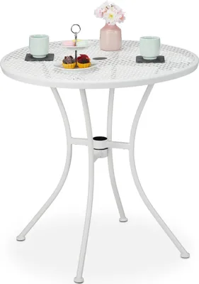 Obrázok produktu pre Záhradný stôl Relaxdays, s otvorom na slnečník a zátkou, mriežkový vzhľad, odolná oceľ, V x H: 72 x 70 cm, okrúhly balkónový stôl, biely