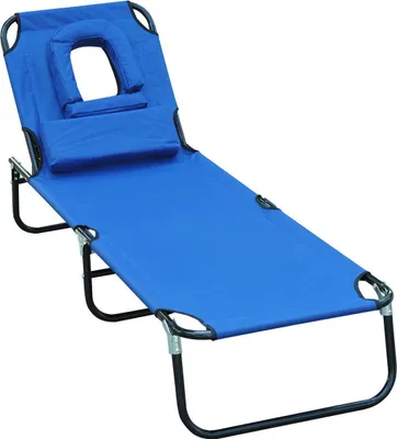 Produktbild von Sonnenliege klappbar Gartenliege mit Kopfkissen Liegestuhl mit 4-Fach verstellbare Rückenlehne Campingliege mit Lesefenster Gartenstuhl bis 120kg belastbar für Garten, Balkon geeignet Blau