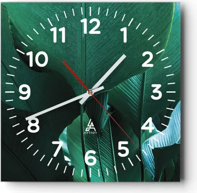 Produktbild von Wanduhr - Quadrat - Glasuhr - Blätter Palmen Banane - 40x40cm - Schleichendes Uhrwerk - Lautlos - zum Aufhängen bereit - Dekoration Modern - Wanddekoration aus Glas - C4AC40x40-4694