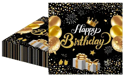 Image de Serviettes d'anniversaire, noir et or, 20 pièces, 33x33 cm, pour 16 personnes