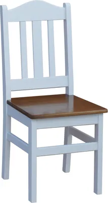 A white wooden chair with a brown seat.