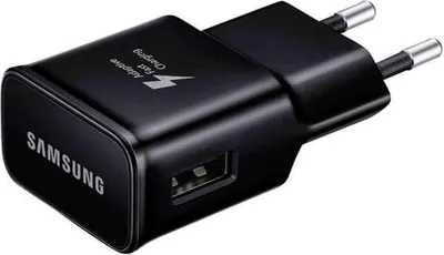 A black Samsung fast charging adapter with a USB port and European plug prongs.