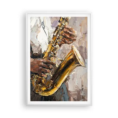 Produktbild von Gerahmtes Poster - Weißer Rahmen - Saxophon Öl Musiker - 70x100 cm - Wand Bild - Wanddeko - Wandbilder - Kunstposter - Wandposter - Bilderrahmen - Bilder - Kunstdruck - P2WPA70x100-4808