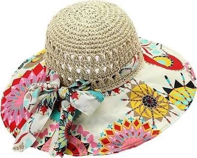 Produktbild von Faltbarer Strohhut mit Blumenschleife | Breite Krempe UV-Schutz Strandhut für Damen | Böhmischer Stil Floppy Sommer Reisehut, D