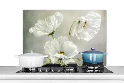 Obrázok produktu pre KitchenYeah® Splashback kitchen - Kuchynský splashback - Ochrana steny sporáka a drezu - Kvety - Zátišie - Maky - Biely - Botanický 90x60 - Alu-Dibond (alternatíva skleneného splashbacku) - Tepelne odolný