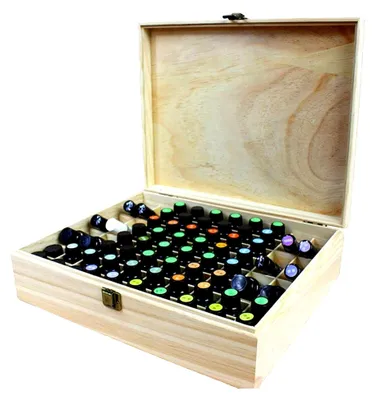 Produktbild von Holzbox für 68 ätherische Öle - Platz für 5, 10 und 15 ml Flaschen - Aufbewahrungsbox für ätherische Öle und Duftöle