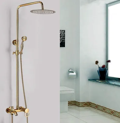 A gold shower system with a handheld showerhead and a rain showerhead is shown against a plain wall, with a glimpse of a bathroom interior including a toilet and a window with flowers.
