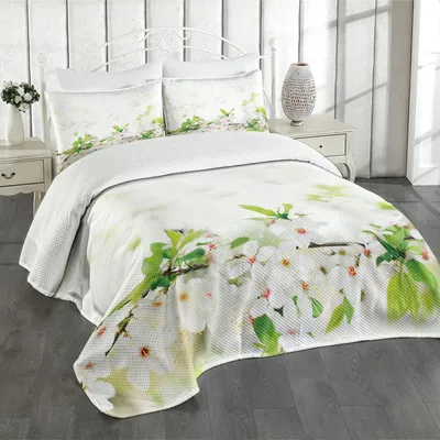 Produktbild von ABAKUHAUS Blume Tagesdecke Set, Weiße Frühjahr-Blüten auf Baumast-Frische-Garten-Wachstums-Saison-Natur, 264 x 220 cm, Weiß Grün