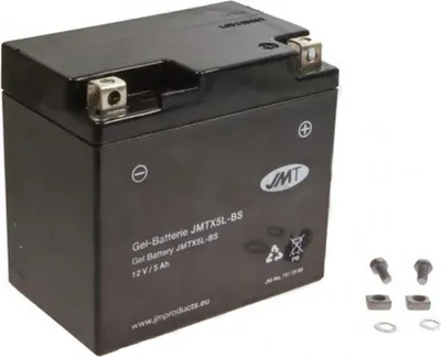A black gel battery is shown on a white background, with some small screws and nuts to the right.