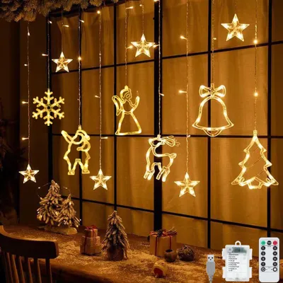 Productafbeelding van 138 led-lichtgordijn, 8 modi, led-lichtketting met sterren en kerstpatroon, batterij en USB-aangedreven lichtketting, kerstverlichting voor binnen en