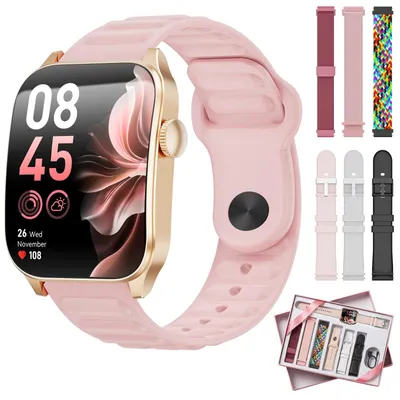 Zdjęcie produktu dla Inteligentny zegarek damski z wyświetlaczem HD i zakrzywioną obudową, w zestawie 7 bransoletek, eleganckie opakowanie prezentowe, kolor różowy