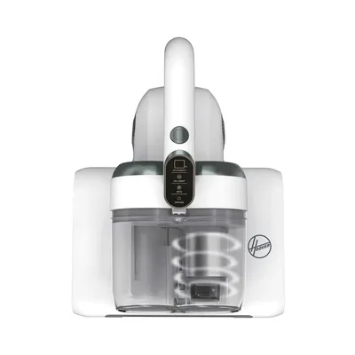 A white Hoover vacuum cleaner is shown from the front against a white background.