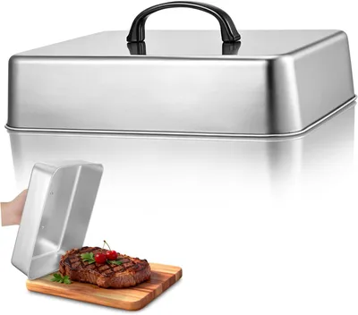 Produktbild von Rechteckiger Schmelzdeckel aus Edelstahl, 28x22 Cm, hitzebeständig, mit Fett- und Spritzschutz für Steaks und Grillpfannen in der Profiküche