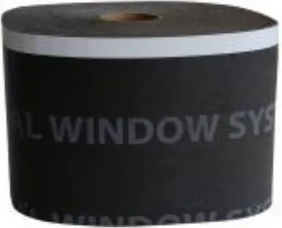 A roll of black tape with white text and a white stripe around the top.