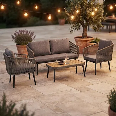 Produktbild von Gartenmöbel Set Sitzgruppe Rope Essgruppe Outdoor Gartenbank Gartentisch Grau