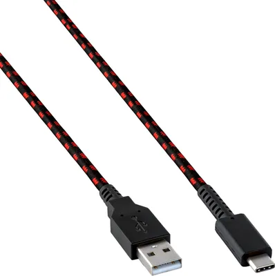 A black and red braided USB-C charging cable with a USB-A connector on one end and a USB-C connector on the other, isolated on a white background.