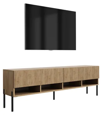 Productafbeelding van TV-meubel met gegroefde voorpanelen, eikenhout (Craft-afwerking), rechte zwarte poten