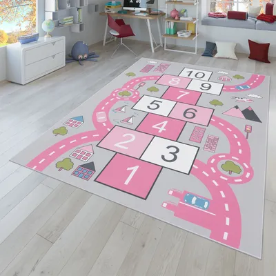 Produktbild von TT Home Kinder-Teppich, Spielteppich Für Kinderzimmer Straßen-Look, Hüpfkästchen, Rosa Größe 80x150 cm