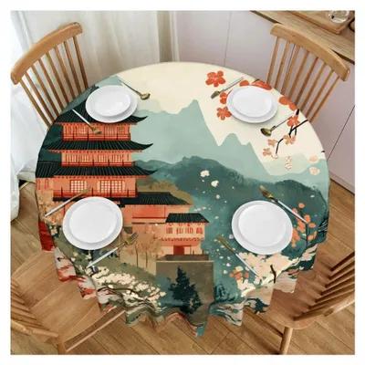 Produktbild von Runde Tischdecke mit Landschaftsillustration, schützendes und pflegeleichtes Modell für Feiern, Versammlungen und Hochzeiten, Durchmesser 152,4 cm