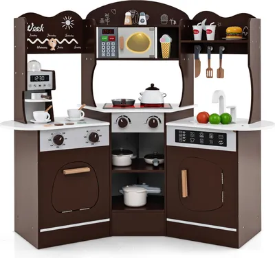 Produktbild von GOPLUS Eck Kinderküche, Spielküche für Kinder mit Lichtern und Ton, Kaffeemaschine, Ofen, Mikrowelle, Waschmaschine & Kochgeschirr, Braun