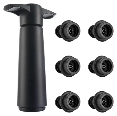 Weinpumpe mit 6 Vakuumstopfen, schwarz, 15 cm, ABS/Silikon