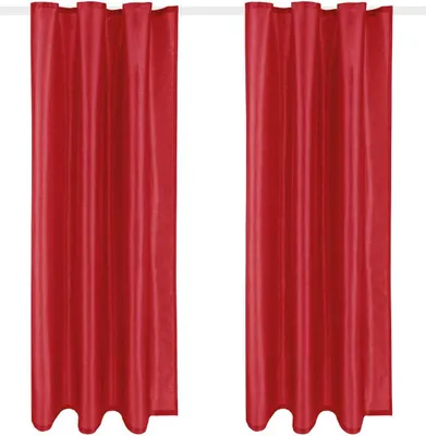 Two red curtains hanging side-by-side against a white background.