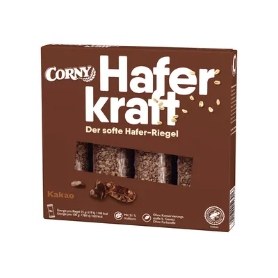 Produktbild von Corny Haferkraft Kakao verpackte Riegel aus Vollkorn Haferflocken 140g