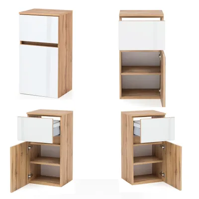 Produktbild von Badezimmer Unterschrank HEERLEN-03 in Wotaneiche Nb. mit Glasfronten weiß, B/H/T: ca. 40/79/35 cm