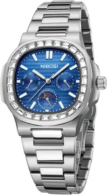 Produktbild von Watch Herren Analog Quarz Armbanduhr Multifunktion Chronograph Mondphase wasserdicht Leuchtend Diamantlünette Edelstahlzifferblatt