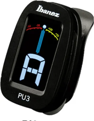 A close-up studio shot of an Ibanez PU3-BK chromatic clip-on tuner.