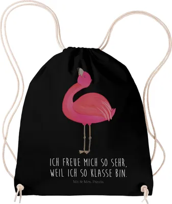 Produktbild von Mr. & Mrs. Panda Beutel Flamingo Stolz - Schwarz - Geschenk, freizeit rucksack, wander, Jutebeutel, stoff, Rosa, sporttasche klein, Mama, Freundin, Stoffbeutel