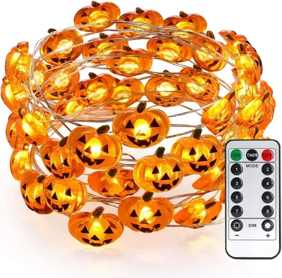 Produktbild von BrizLabs Halloween Lichterkette Kürbis, 4M 40 LED Deko Lichterketten Innen Batteriebetrieben Wasserdichte mit Fernbedienung & Timer Beleuchtung Nachbildungation für Gärten Weihnachten Party, Warmweiß