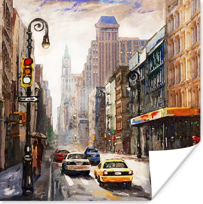 Produktbild von MuchoWow® Poster Gemälde - Stadt - Auto - Öl 100x100 cm - Babyzimmer