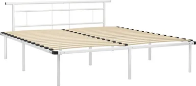 A white metal bed frame with wooden slats, shown from a slight diagonal angle.