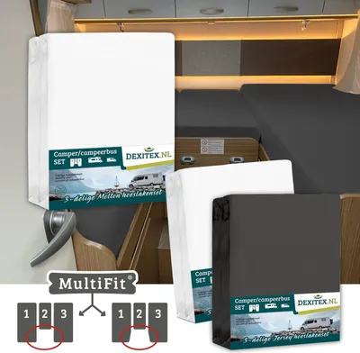Image de Pack textile lit en longueur Camper avec matelas central - 2 jeux de draps-housses (3 pièces) et 1 jeu de draps-housses (3 pièces) - 1 Flanelle + 1 Bl - 1Flanelle+1Blanc/1Anthracite