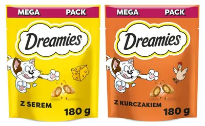 Zdjęcie produktu dla Dreamies Mega Pack 2x180g (360g) Chrupiące Przysmaki Dla Kota Z Serem I Kurczakiem
