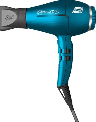 A studio shot of a blue hairdryer on a white background.
