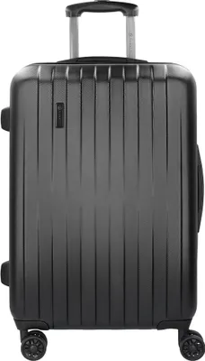 A black hard-shell trolley suitcase with a retractable handle and wheels.