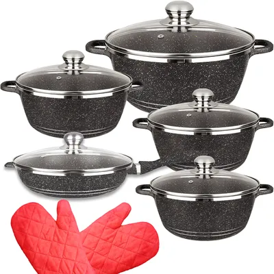 Produktbild von Topfset 12-teilig Aluminium Keramik Kochgeschirr Kochtopfset Kochtöpfe Kochtopf-Set Töpfe Glasdeckel Durchmesser Schwarz Retoo