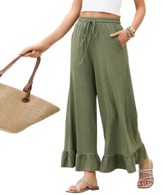 Image de Pantalon d'été pour femme ASKSA, coupe large, ourlet à volants, couleur unie, taille haute, style décontracté (vert militaire, taille M)