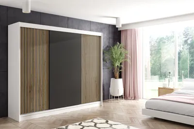Produktbild von ALTDECOR Kleiderschrank mit Lamel-Schiebetüren, kugelgelagerte Führungsschienen und Aluminium-Leisten, LED-Beleuchtung und Fernbedienung - VILO - 250 cm - Weiß/Lamelle Eiche Wotan