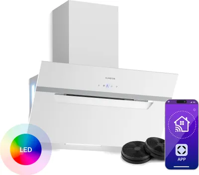 Image de Klarstein BigBite Hotte Aspirante 60 cm - Hotte Décorative Inclinée, 417 m³/h, A+++, LED, 3 Vitesses & Boost, Filtre Charbon, Tactile, Recyclage ou Évacuation, Blanc