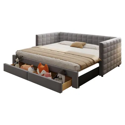 Produktbild von Polsterbett 3-in-1 Ausziehbares Schlafsofa,Multifunktionsbett,mit Schubladen,umbaubar in Einzel-/Doppelbett mit Lattenrost,Baumwolle und Leinen