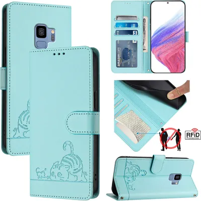 Produktbild von Leder Hülle für Samsung Galaxy S9 Süße Katze Flip Case Brieftasche Schutzhülle mit Standfunktion hellgrün