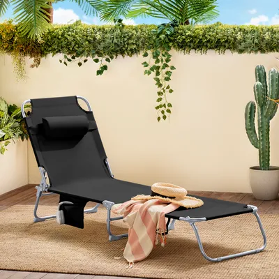 Produktbild von SoBuy Gartenliege mit Seitentasche und Kopfkissen luftig klappbar Sonnenliege Liegestuhl für Gärten, Höfe, Strände, Balkone Schwarz OGS35-SCH