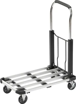 A product shot of a foldable aluminum transport cart.