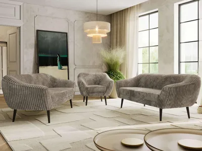Produktbild von MKS MEBLE Couchgarnitur PIRS 3-3-1, Set mit Armlehnen, Wellenfederung, schwarze Füße, Dreisitzer Sofas mit Sessel, Sitzgruppe Wohnzimmer - Hellbraun Cord