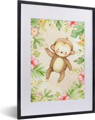 Produktbild von MuchoWow® MuchoWow® Gerahmtes Poster Affe - Blumen - Pflanzen - Dschungel 30x40 cm - Poster mit zchwarzem Bilderrahmen - Wandposter Schlafzimmer