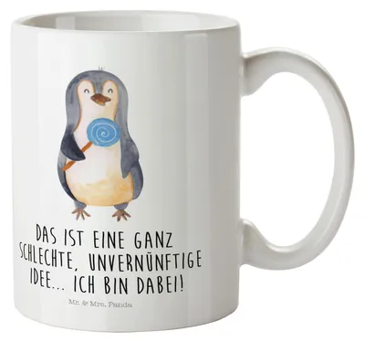 Produktbild von Mr. & Mrs. Panda Plastikbecher Pinguin Lolli - Weiß - Geschenk, Unvernünftig, Trinklernbecher, Spruch, Schulkind Tasse, Rabauke, Süßigkeiten, Haferl, Pott, Mehrwegbecher